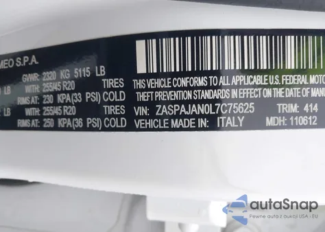 2020 Alfa Romeo Stelvio Rwd z USA, uszkodzony, nr VIN ZASPAJAN0L7C75625